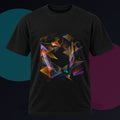 Amber Null Geometry original KOSVYRE design on a black graphic tee against a graphite studio background