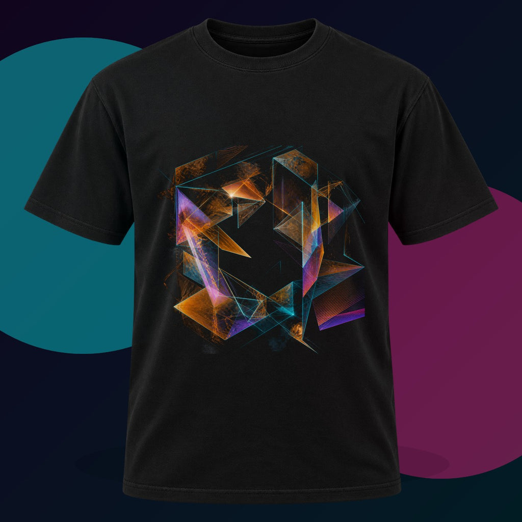 Amber Null Geometry original KOSVYRE design on a black graphic tee with cyan and violet studio lighting