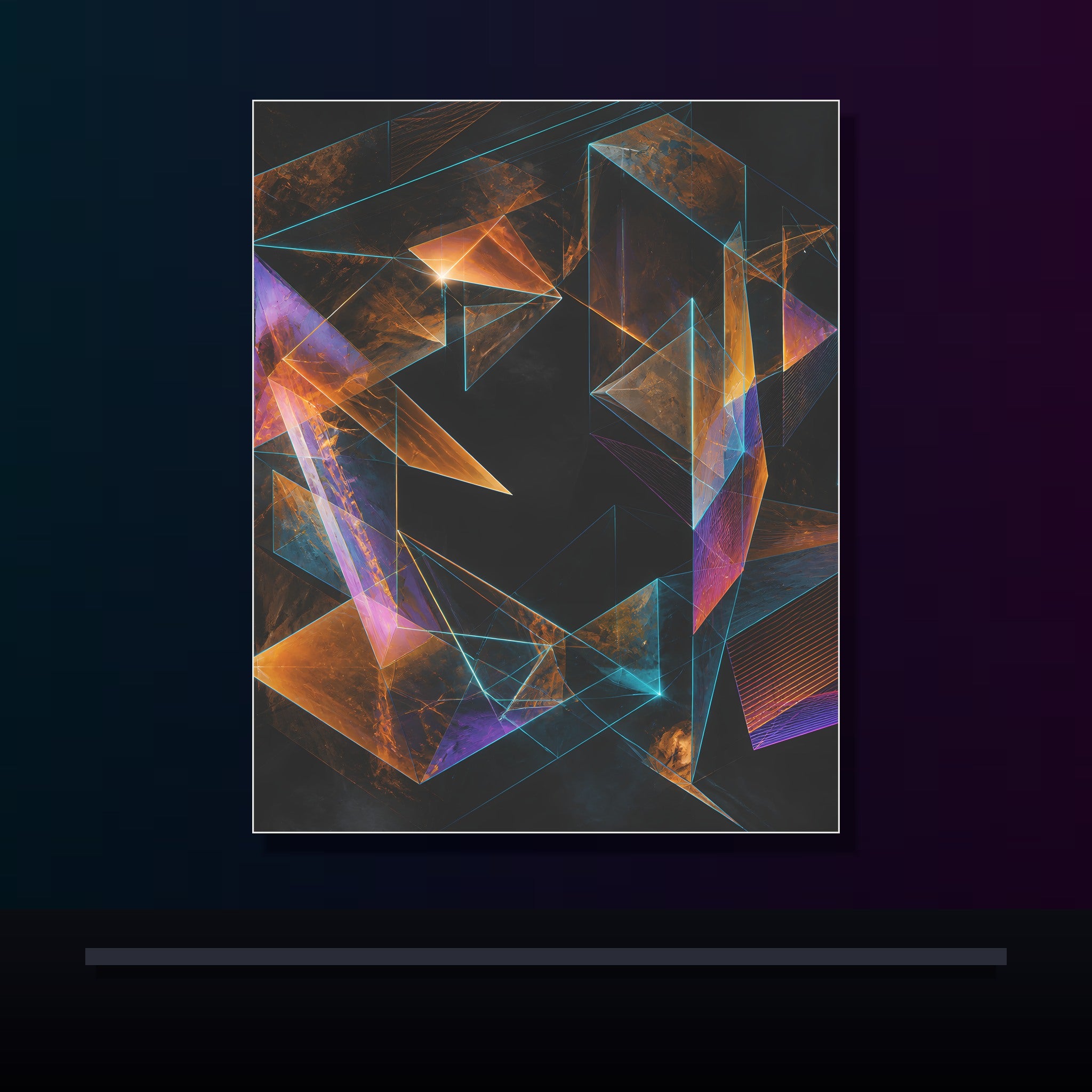 Amber Null Geometry original KOSVYRE poster displayed in a dark psychedelic gallery setting