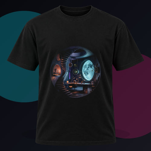 Analog Moon Bureau original KOSVYRE design on a black graphic tee against a graphite studio background