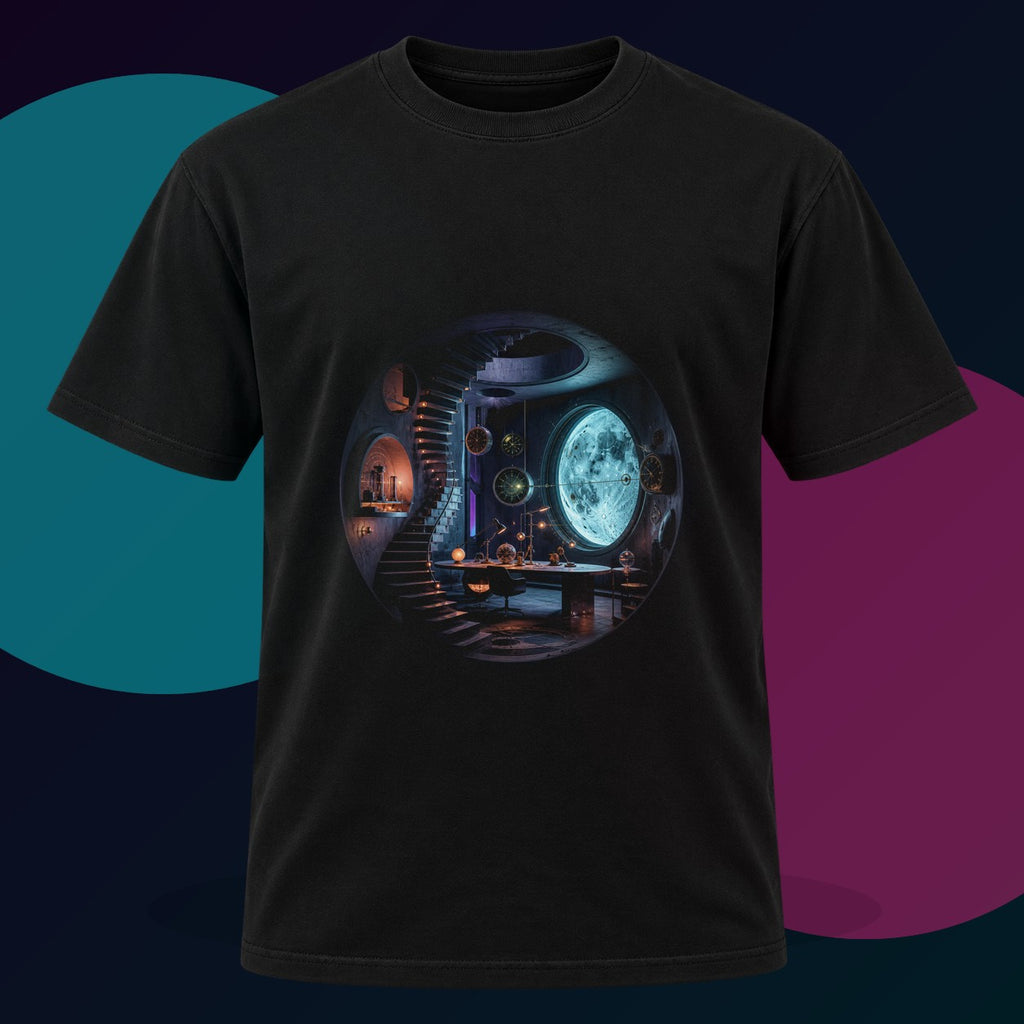 Analog Moon Bureau original KOSVYRE design on a black graphic tee with cyan and violet studio lighting