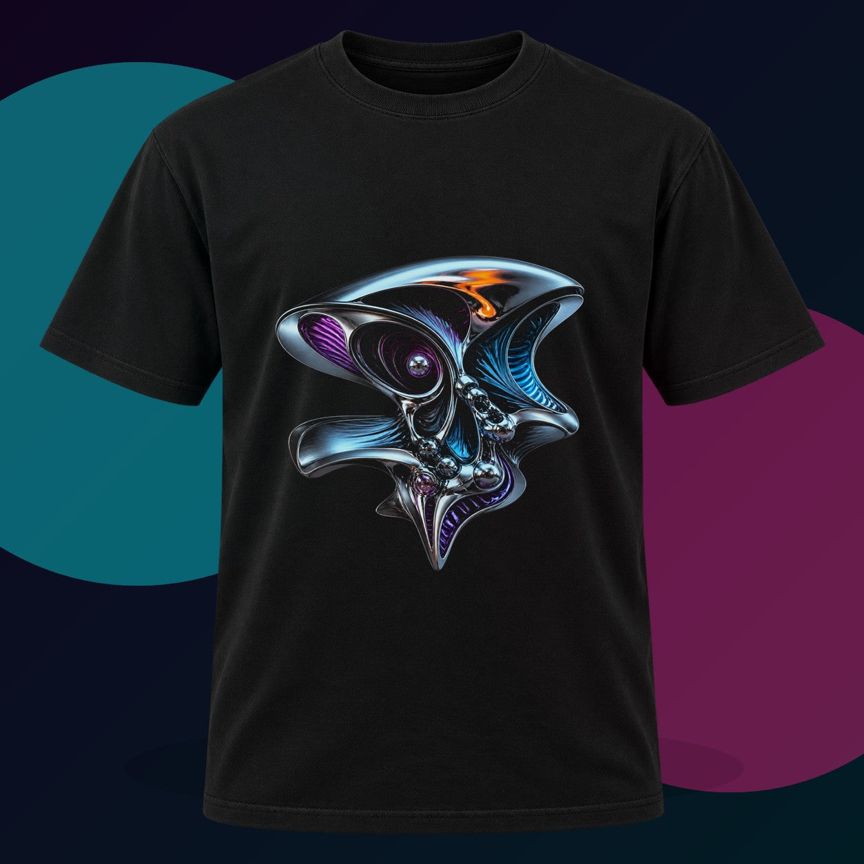 Anatomy of a Mirror original KOSVYRE design on a black graphic tee with cyan and violet studio lighting