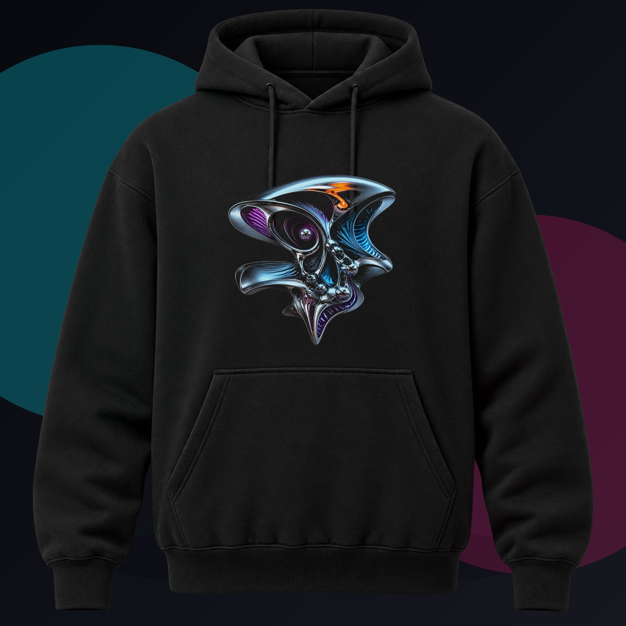 Anatomy of a Mirror original KOSVYRE design on a black hoodie against a graphite studio background