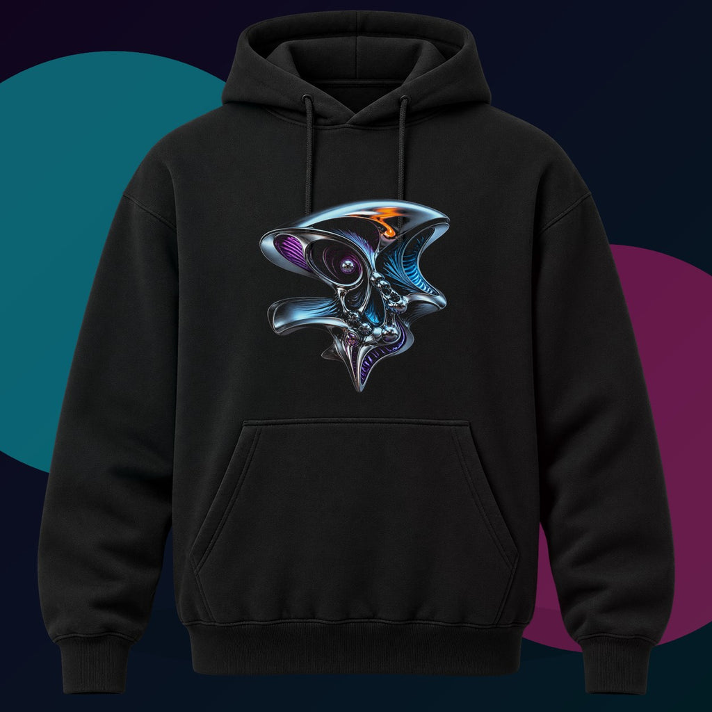 Anatomy of a Mirror original KOSVYRE design on a black hoodie with cyan and violet studio lighting