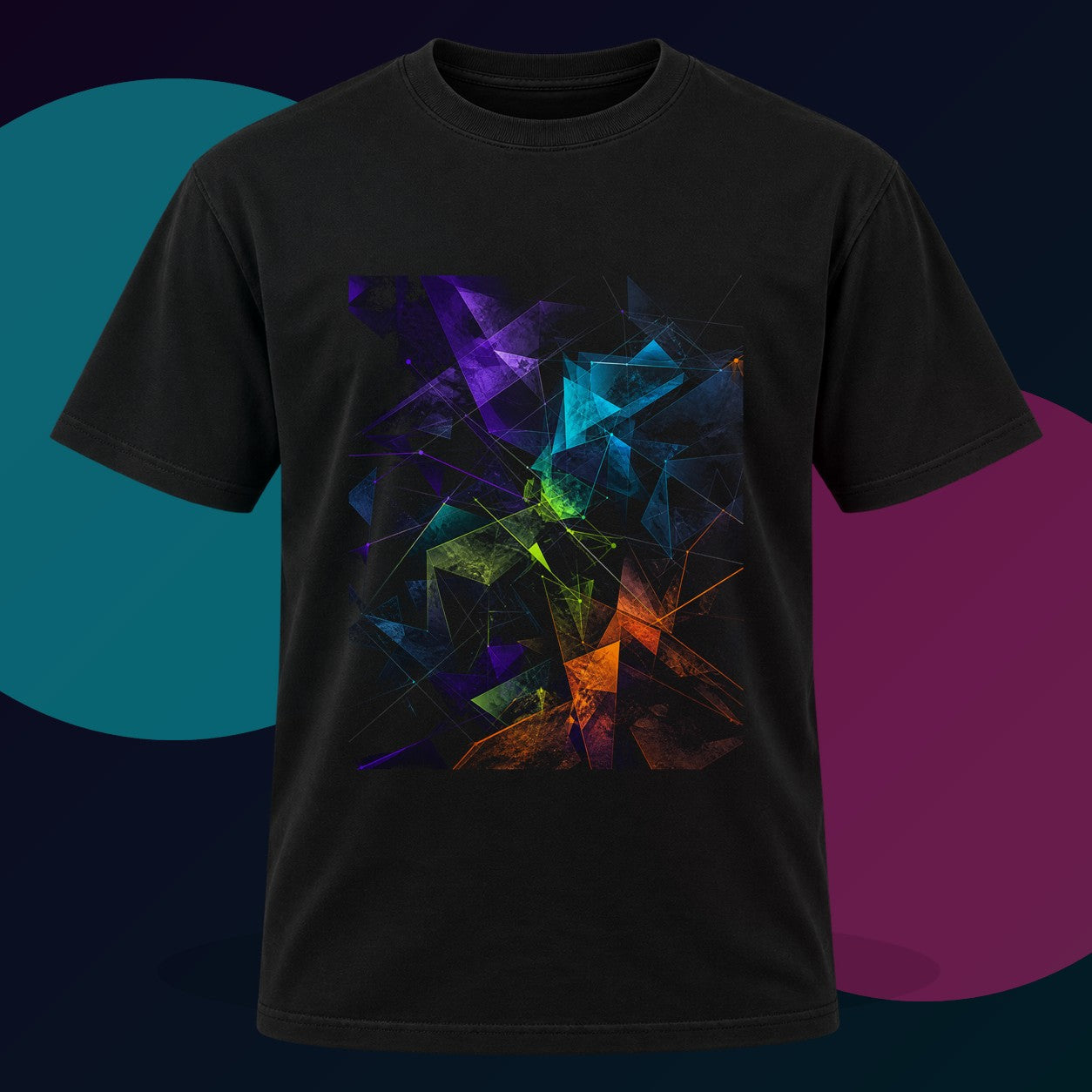 Angular Weather Lattice original KOSVYRE design on a black graphic tee with cyan and violet studio lighting