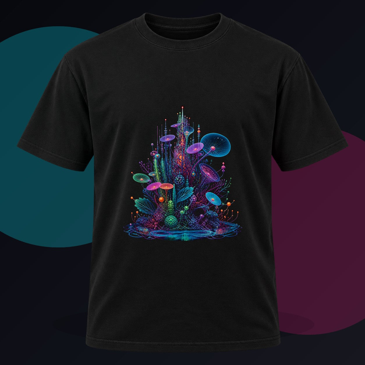 Antenna Reef original KOSVYRE design on a black graphic tee against a graphite studio background