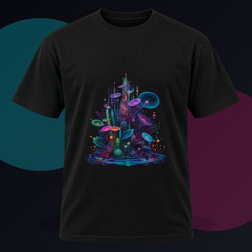 Antenna Reef original KOSVYRE design on a black graphic tee against a graphite studio background