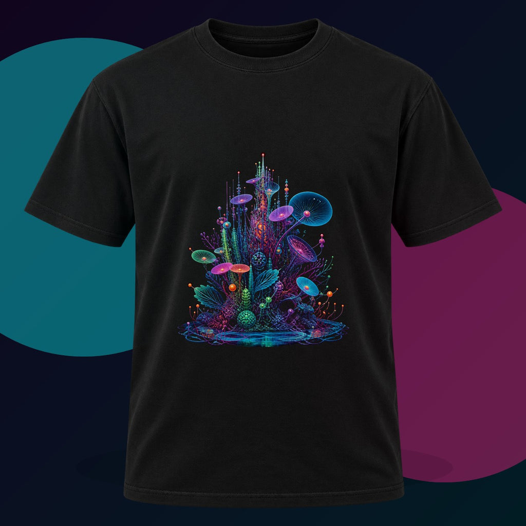 Antenna Reef original KOSVYRE design on a black graphic tee with cyan and violet studio lighting