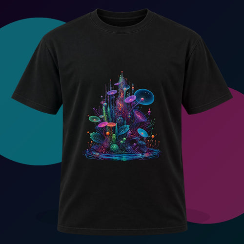 Antenna Reef original KOSVYRE design on a black graphic tee with cyan and violet studio lighting