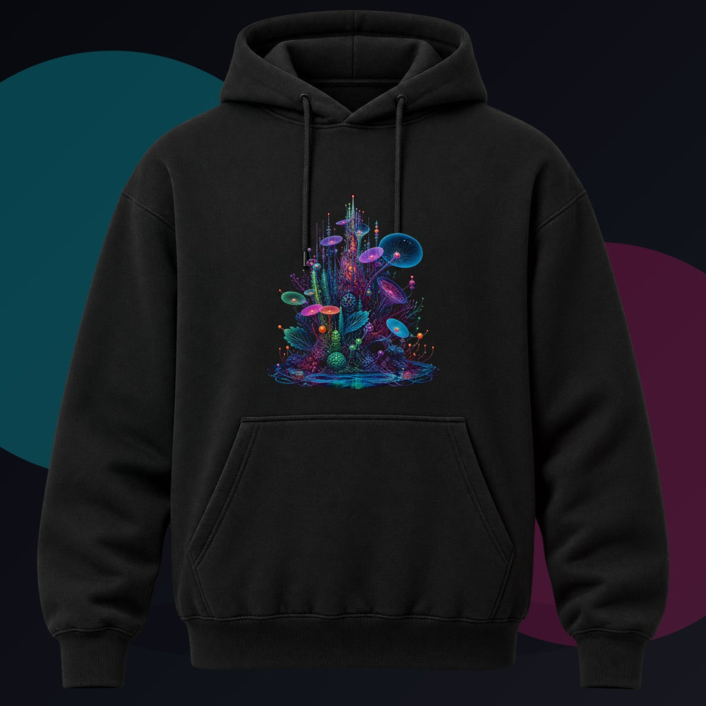 Antenna Reef original KOSVYRE design on a black hoodie against a graphite studio background