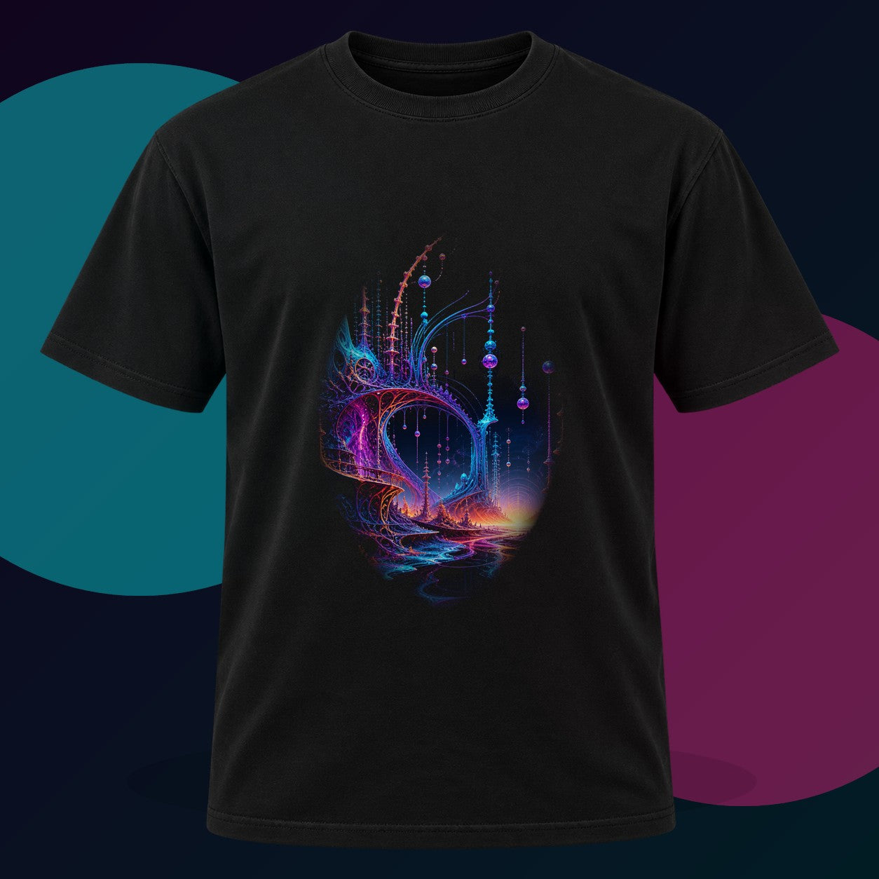 Antenna Tide Basilica original KOSVYRE design on a black graphic tee with cyan and violet studio lighting