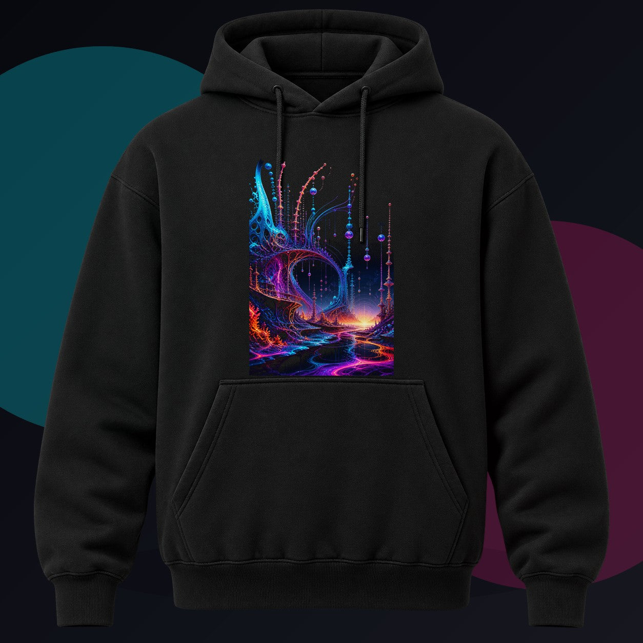 Antenna Tide Basilica original KOSVYRE design on a black hoodie against a graphite studio background
