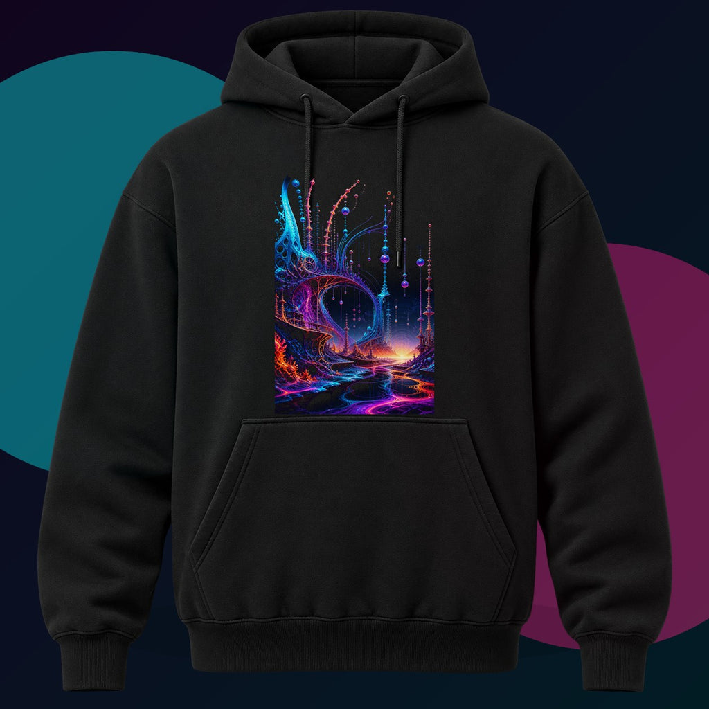 Antenna Tide Basilica original KOSVYRE design on a black hoodie with cyan and violet studio lighting