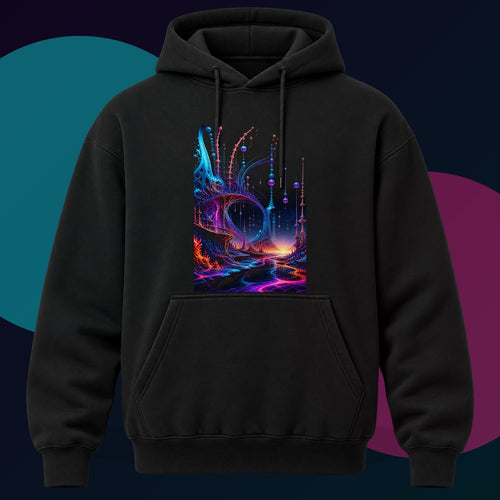 Antenna Tide Basilica original KOSVYRE design on a black hoodie with cyan and violet studio lighting