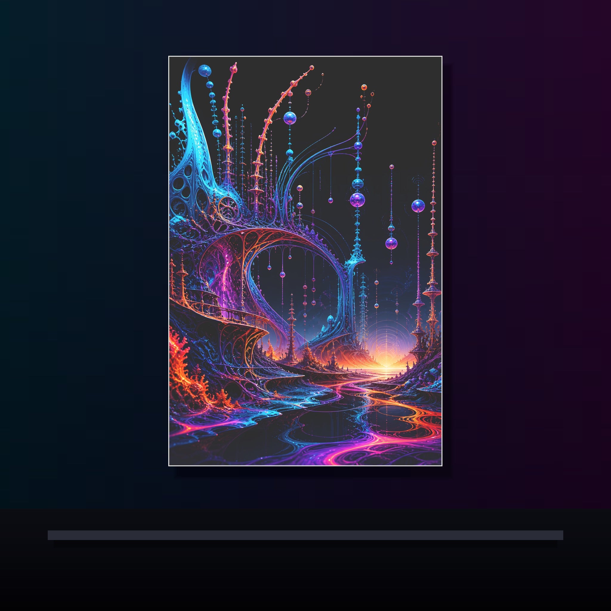 Antenna Tide Basilica original KOSVYRE poster displayed in a dark psychedelic gallery setting