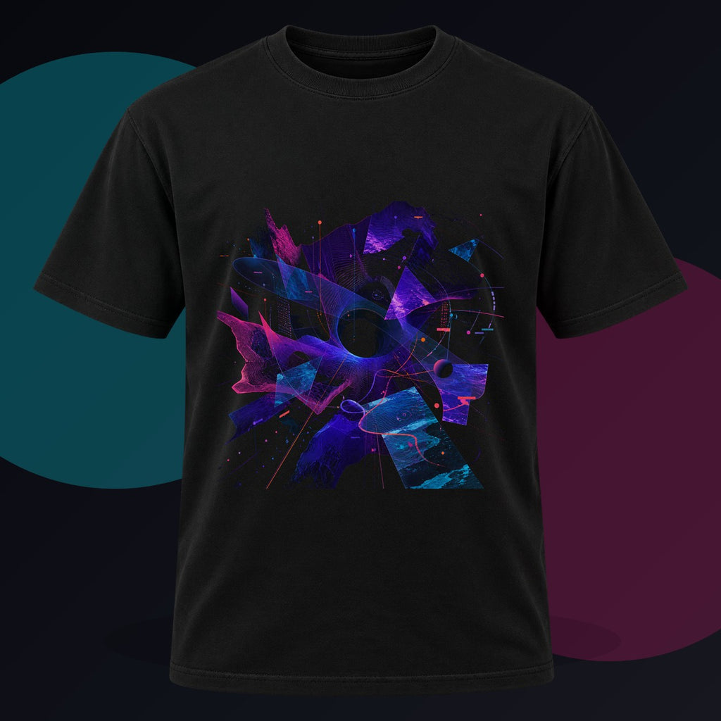 Aperture Drift Atlas original KOSVYRE design on a black graphic tee against a graphite studio background