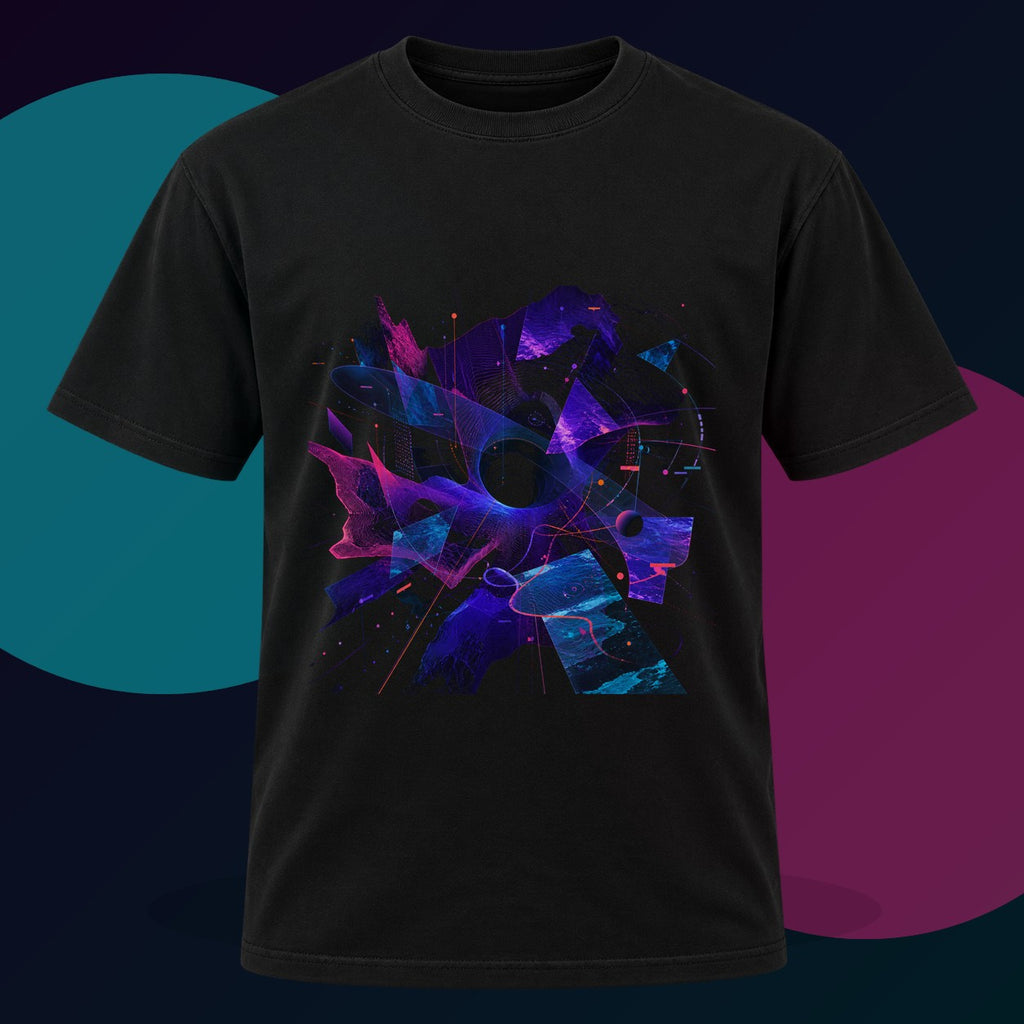 Aperture Drift Atlas original KOSVYRE design on a black graphic tee with cyan and violet studio lighting