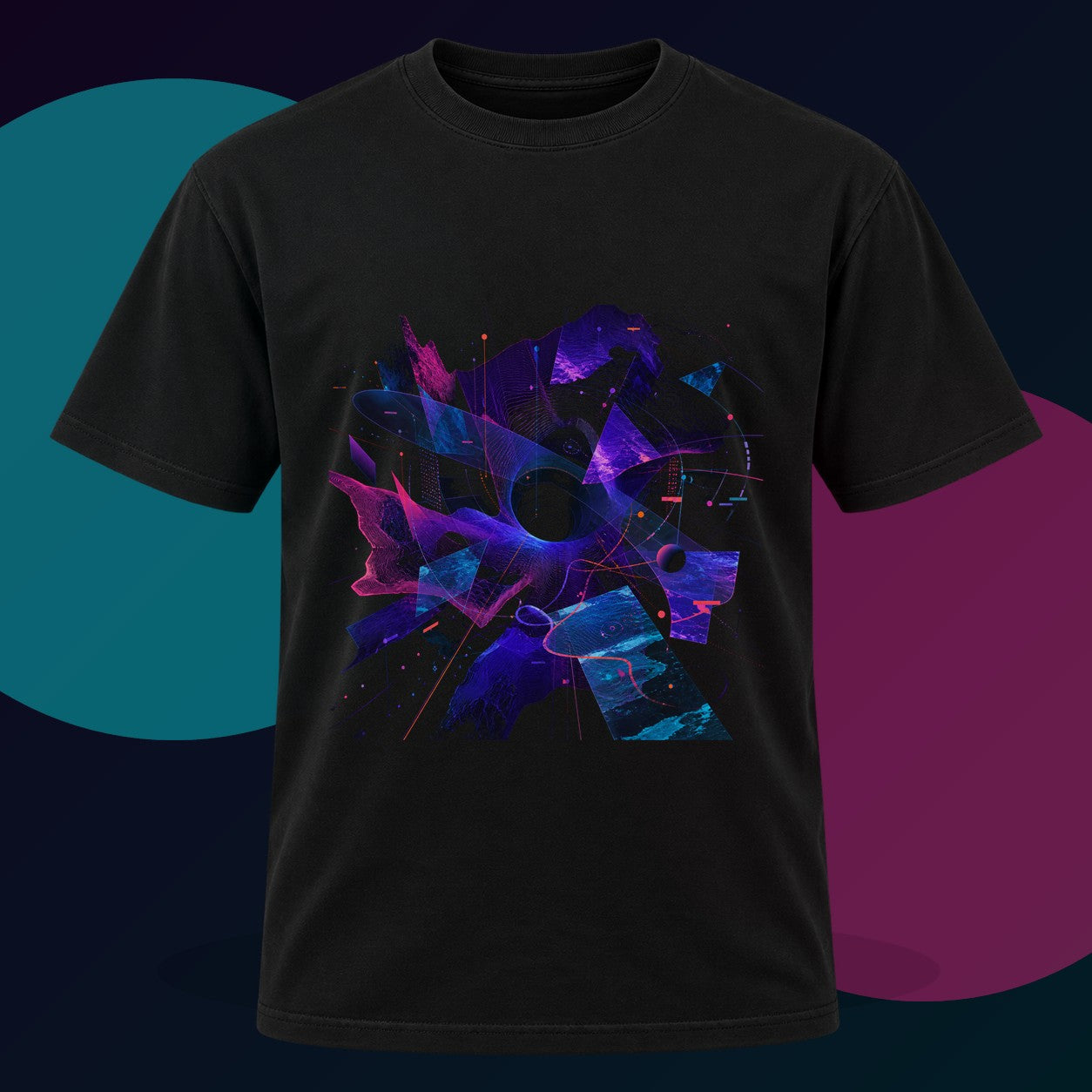 Aperture Drift Atlas original KOSVYRE design on a black graphic tee with cyan and violet studio lighting