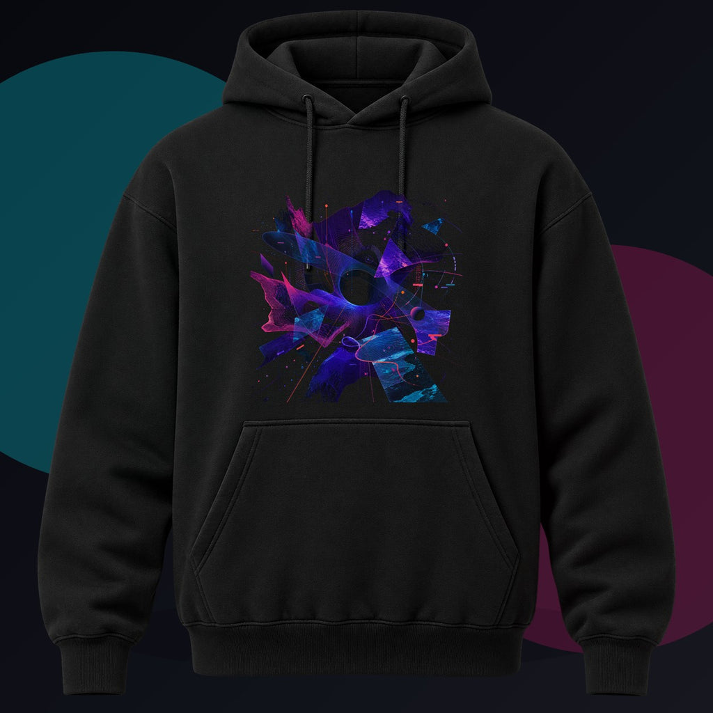 Aperture Drift Atlas original KOSVYRE design on a black hoodie against a graphite studio background