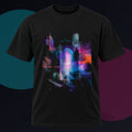 Archive of Soft Errors original KOSVYRE design on a black graphic tee against a graphite studio background