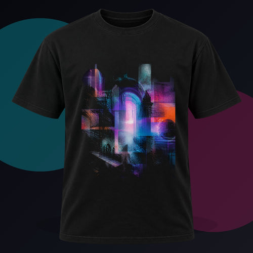 Archive of Soft Errors original KOSVYRE design on a black graphic tee against a graphite studio background