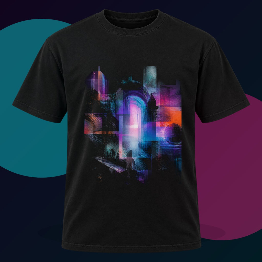Archive of Soft Errors original KOSVYRE design on a black graphic tee with cyan and violet studio lighting