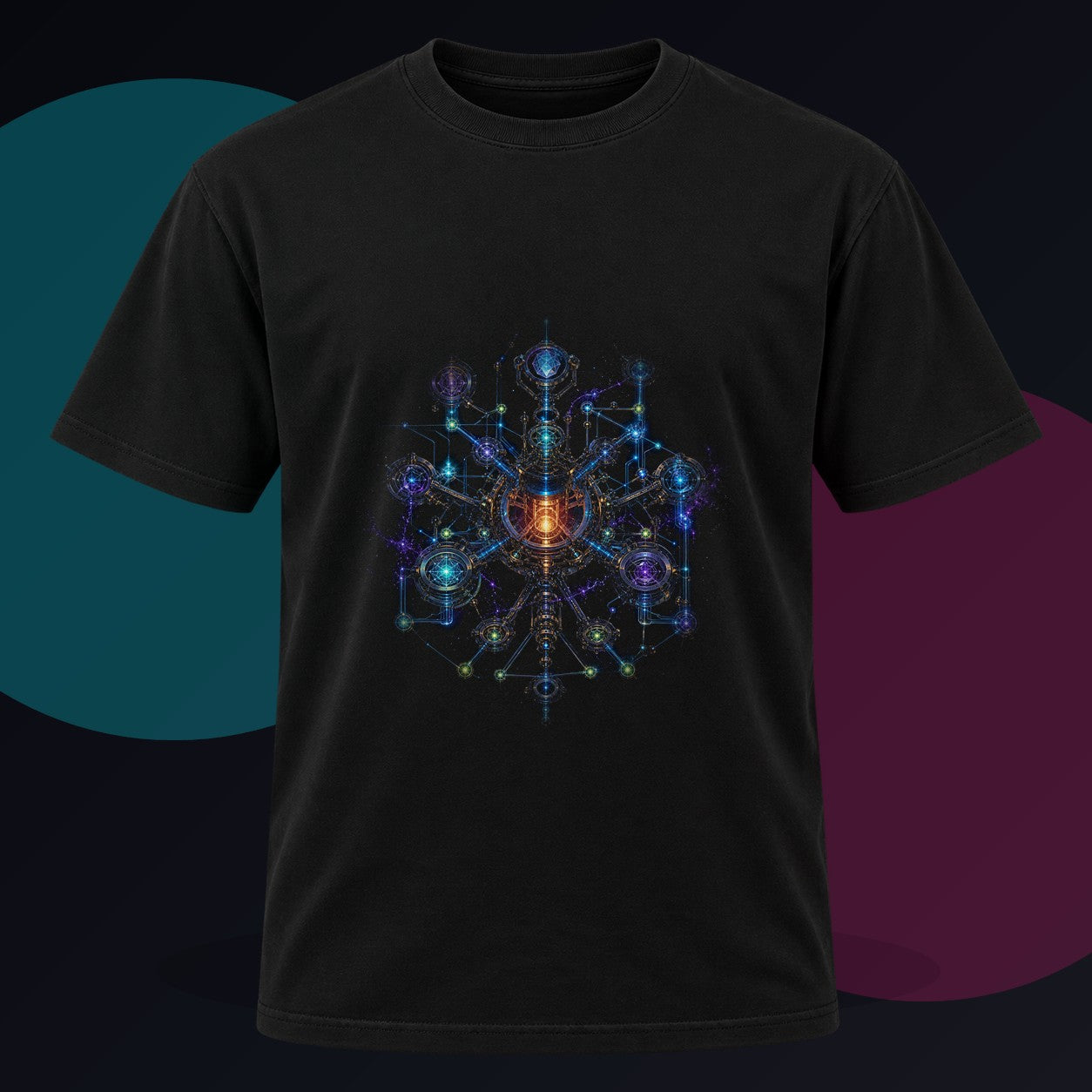 Asterism Engine original KOSVYRE design on a black graphic tee against a graphite studio background