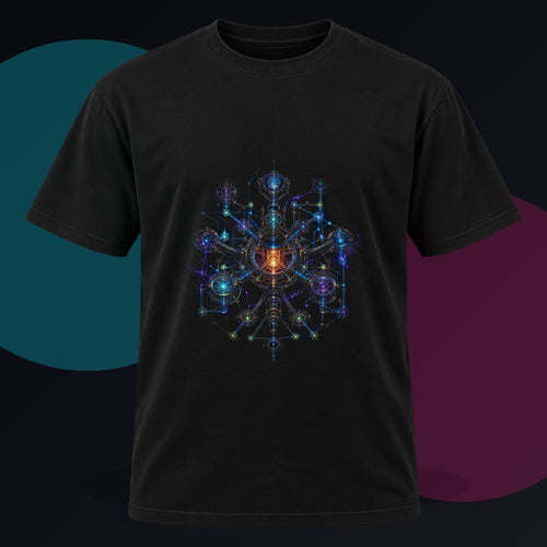 Asterism Engine original KOSVYRE design on a black graphic tee against a graphite studio background