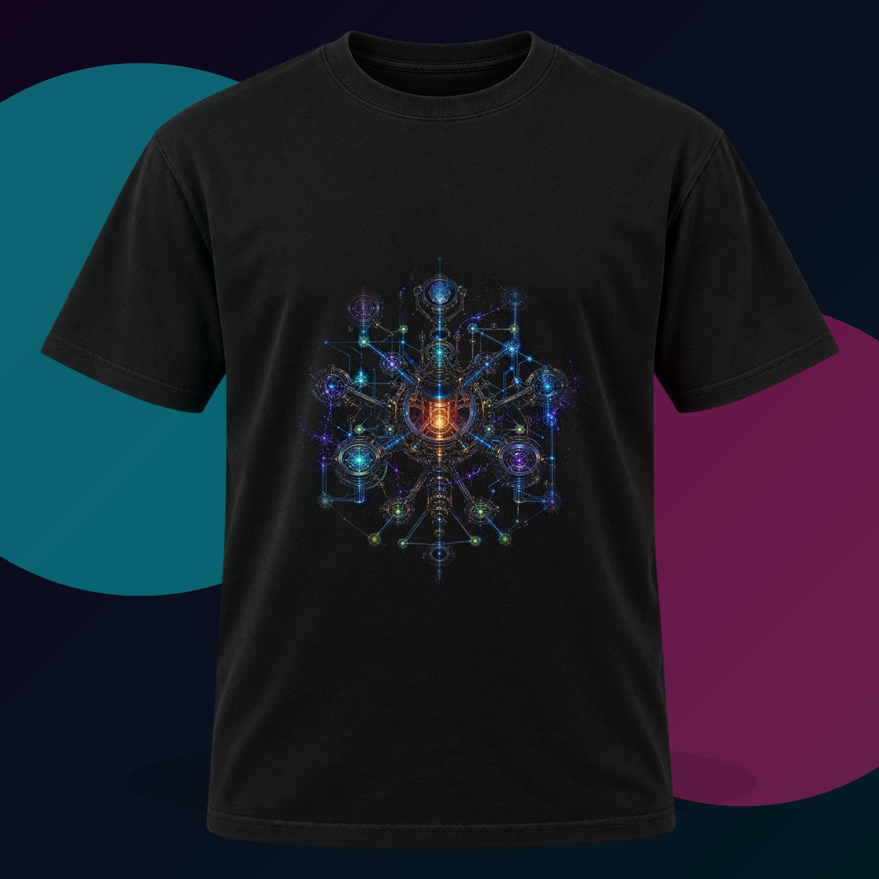 Asterism Engine original KOSVYRE design on a black graphic tee with cyan and violet studio lighting