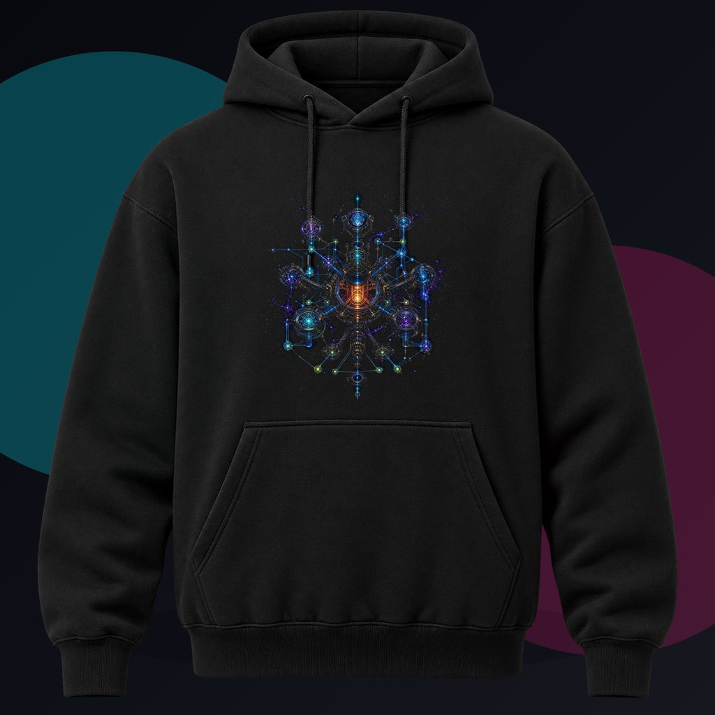 Asterism Engine original KOSVYRE design on a black hoodie against a graphite studio background
