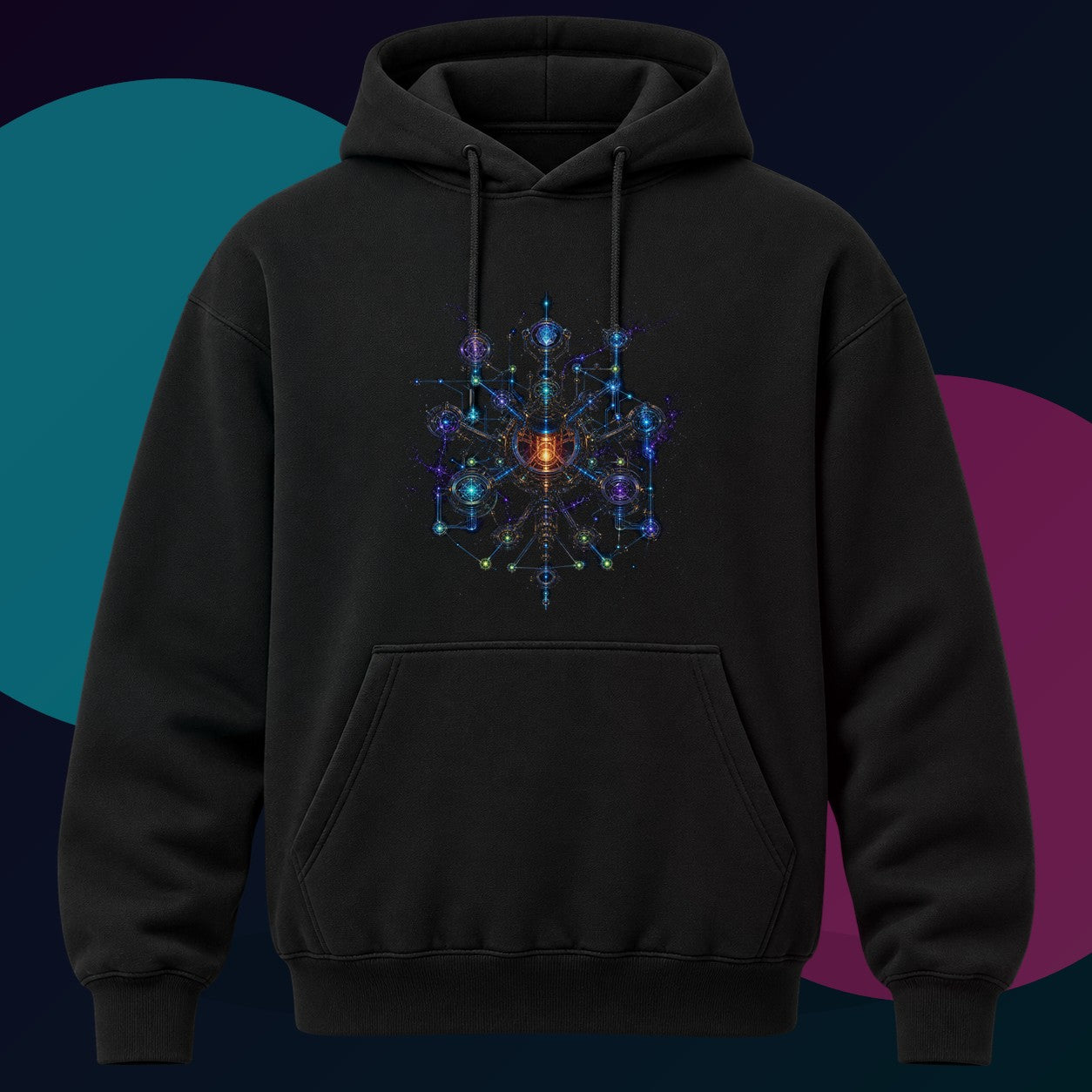 Asterism Engine original KOSVYRE design on a black hoodie with cyan and violet studio lighting