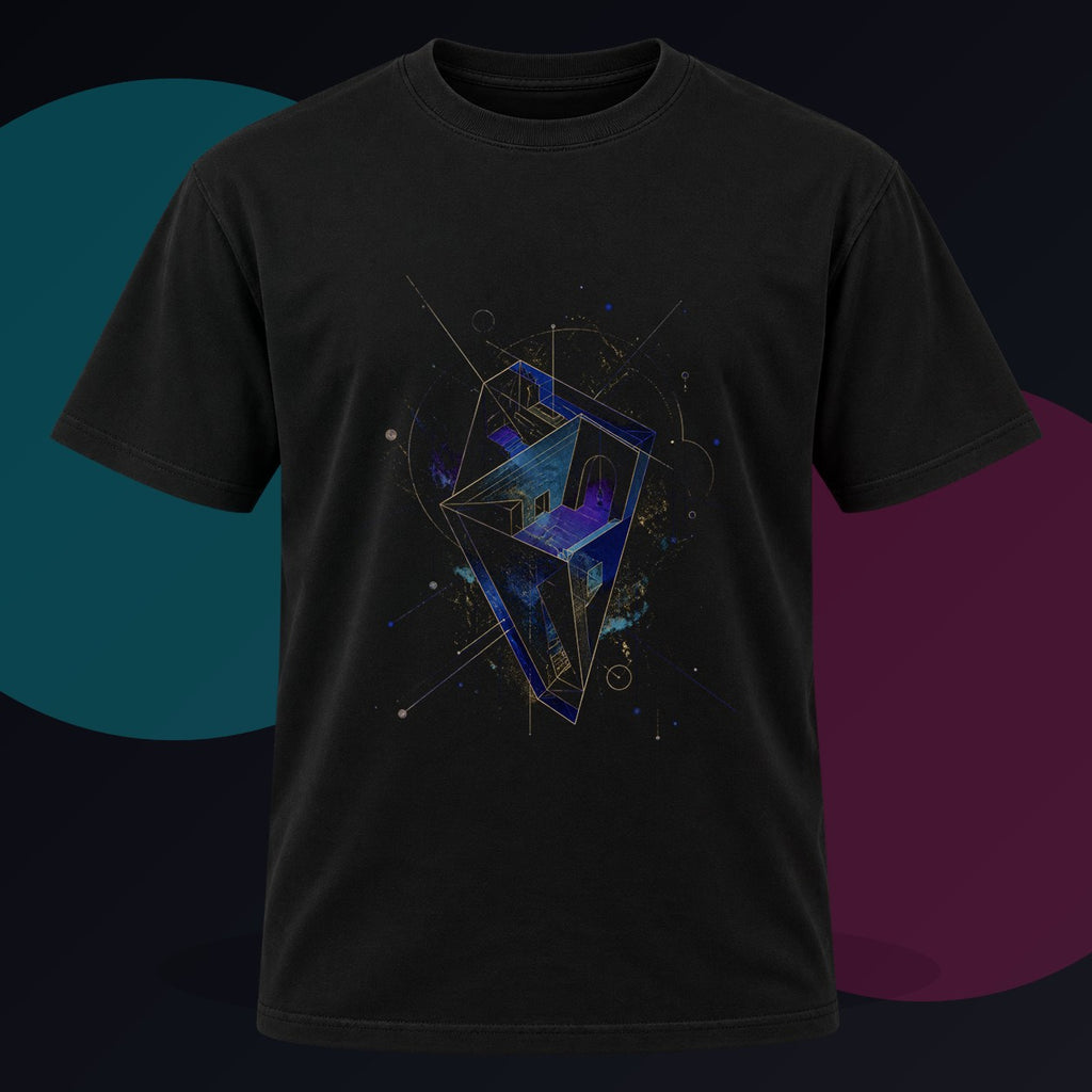 Astral Foldhouse original KOSVYRE design on a black graphic tee against a graphite studio background