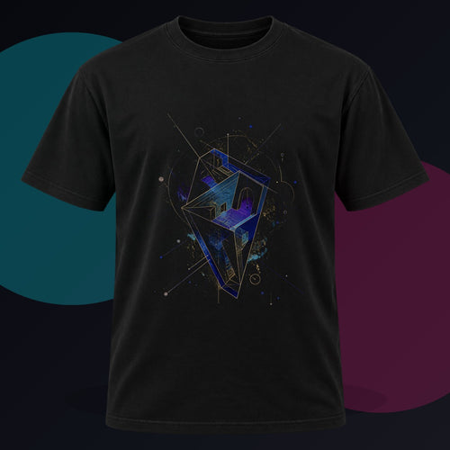 Astral Foldhouse original KOSVYRE design on a black graphic tee against a graphite studio background