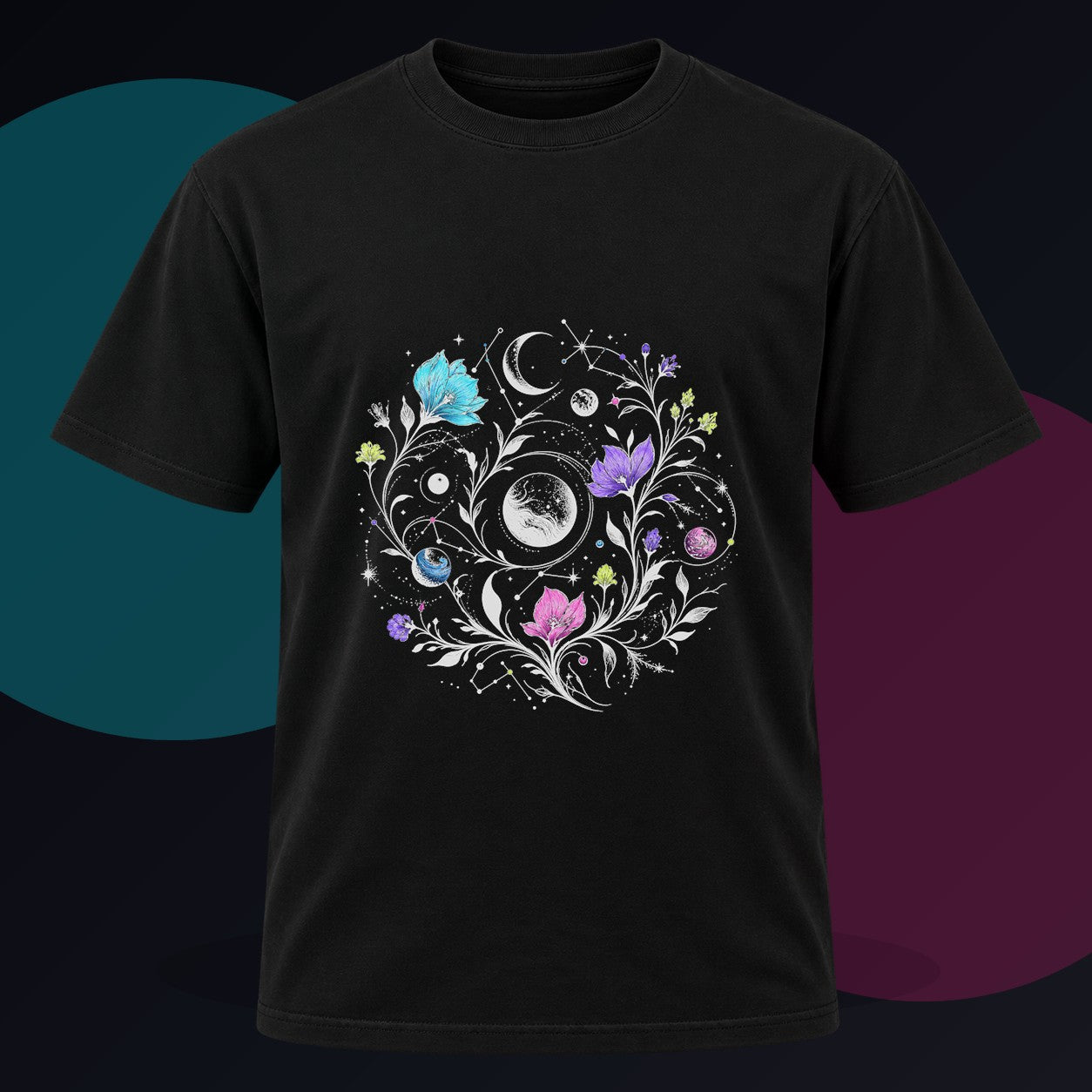 Astral Ink Garden original KOSVYRE design on a black graphic tee against a graphite studio background