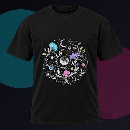 Astral Ink Garden original KOSVYRE design on a black graphic tee against a graphite studio background