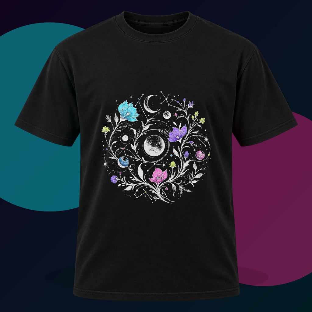 Astral Ink Garden original KOSVYRE design on a black graphic tee with cyan and violet studio lighting
