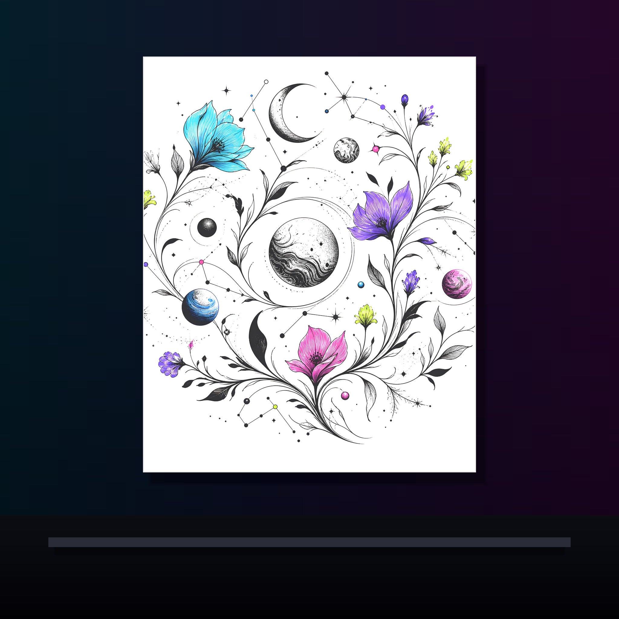 Astral Ink Garden original KOSVYRE poster displayed in a dark psychedelic gallery setting