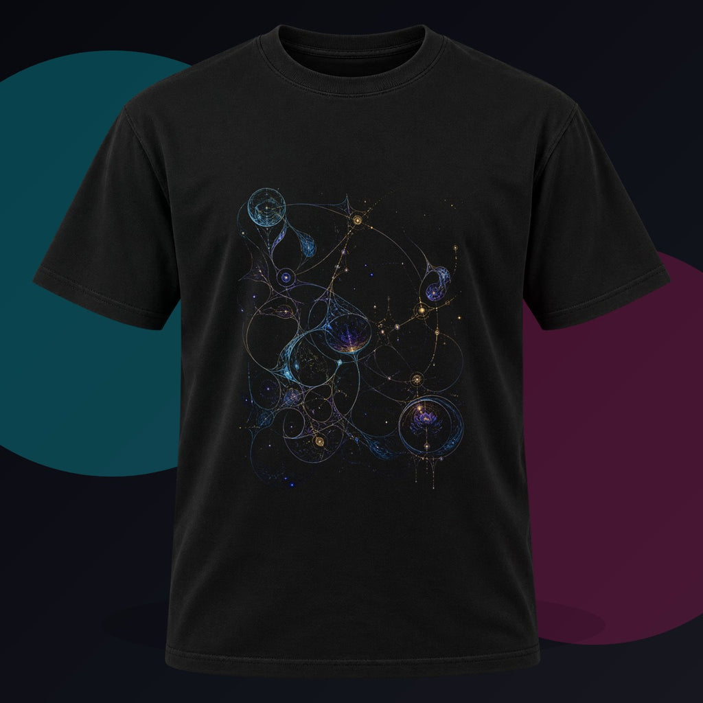 Astral Ink Lattice original KOSVYRE design on a black graphic tee against a graphite studio background