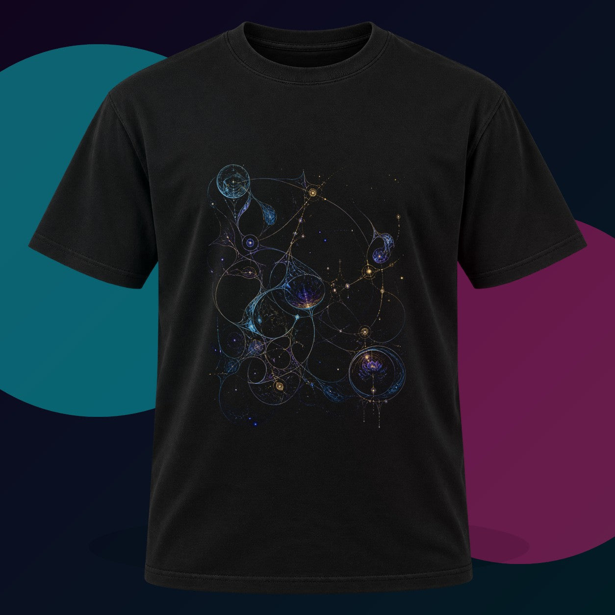 Astral Ink Lattice original KOSVYRE design on a black graphic tee with cyan and violet studio lighting