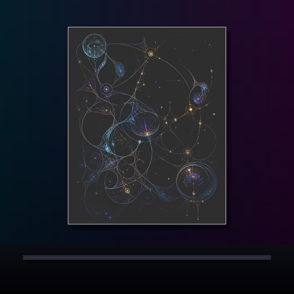 Astral Ink Lattice original KOSVYRE poster displayed in a dark psychedelic gallery setting