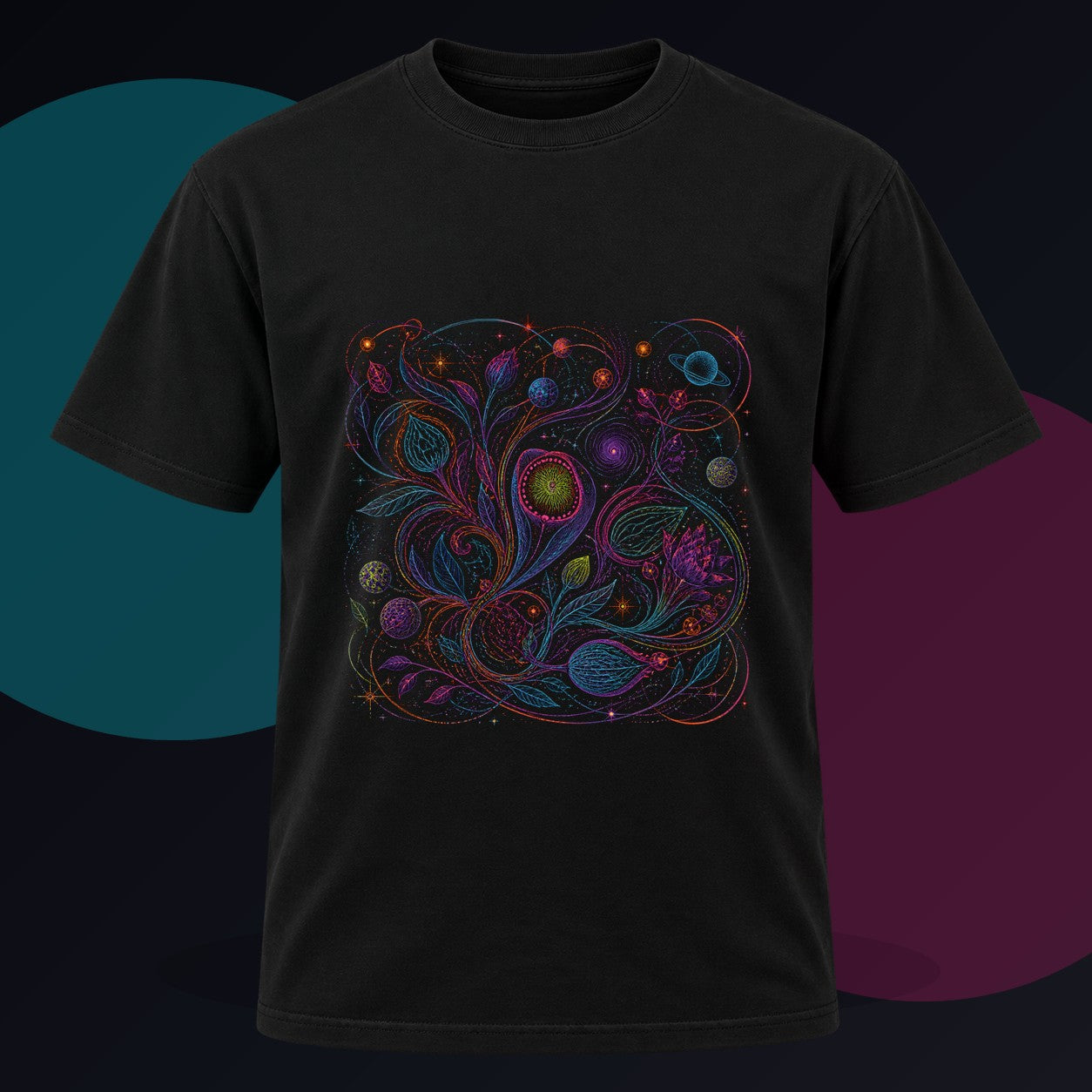 Astral Ink Tangle original KOSVYRE design on a black graphic tee against a graphite studio background