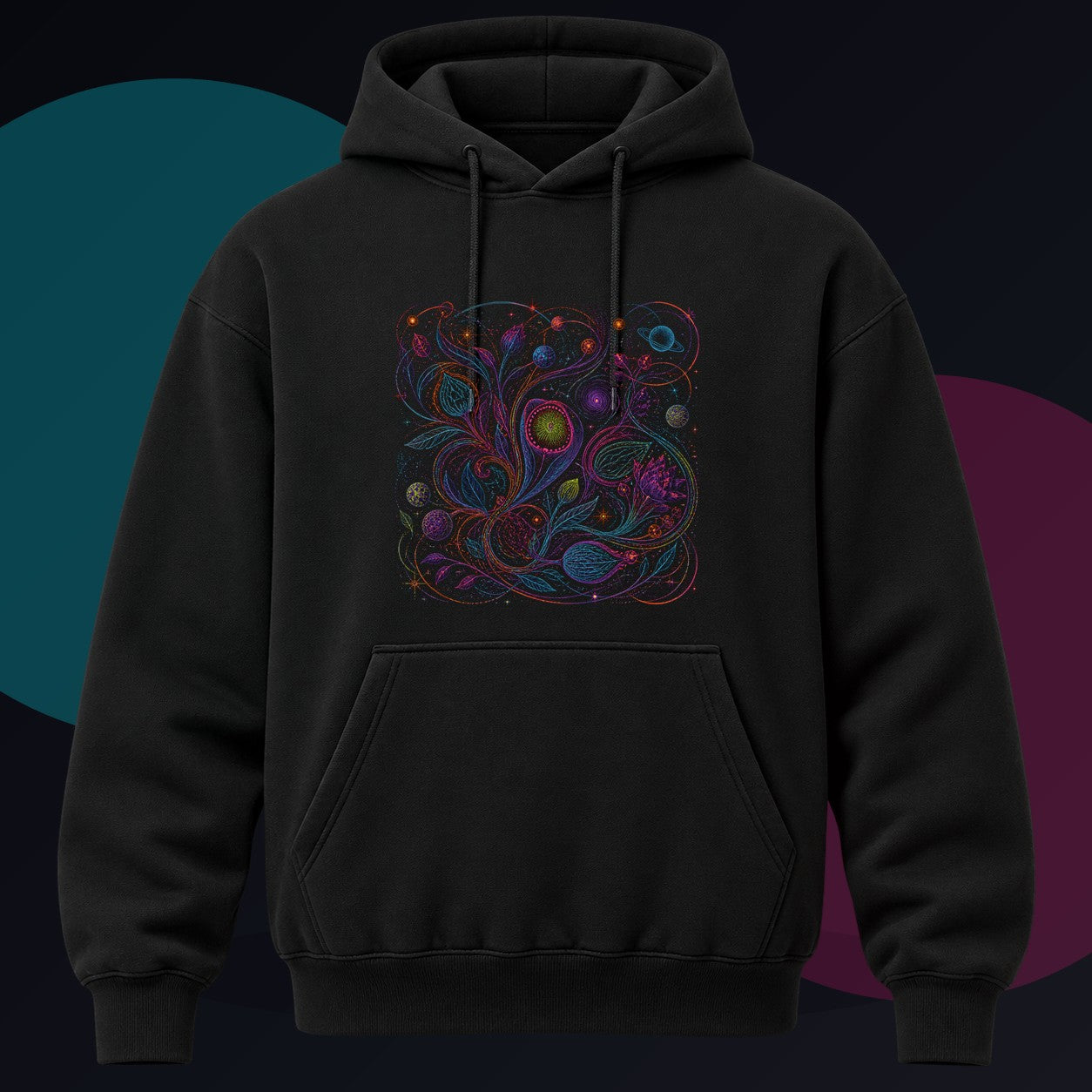 Astral Ink Tangle original KOSVYRE design on a black hoodie against a graphite studio background
