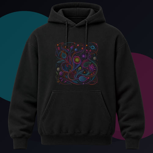 Astral Ink Tangle original KOSVYRE design on a black hoodie against a graphite studio background