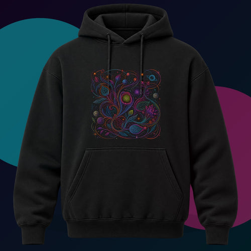 Astral Ink Tangle original KOSVYRE design on a black hoodie with cyan and violet studio lighting