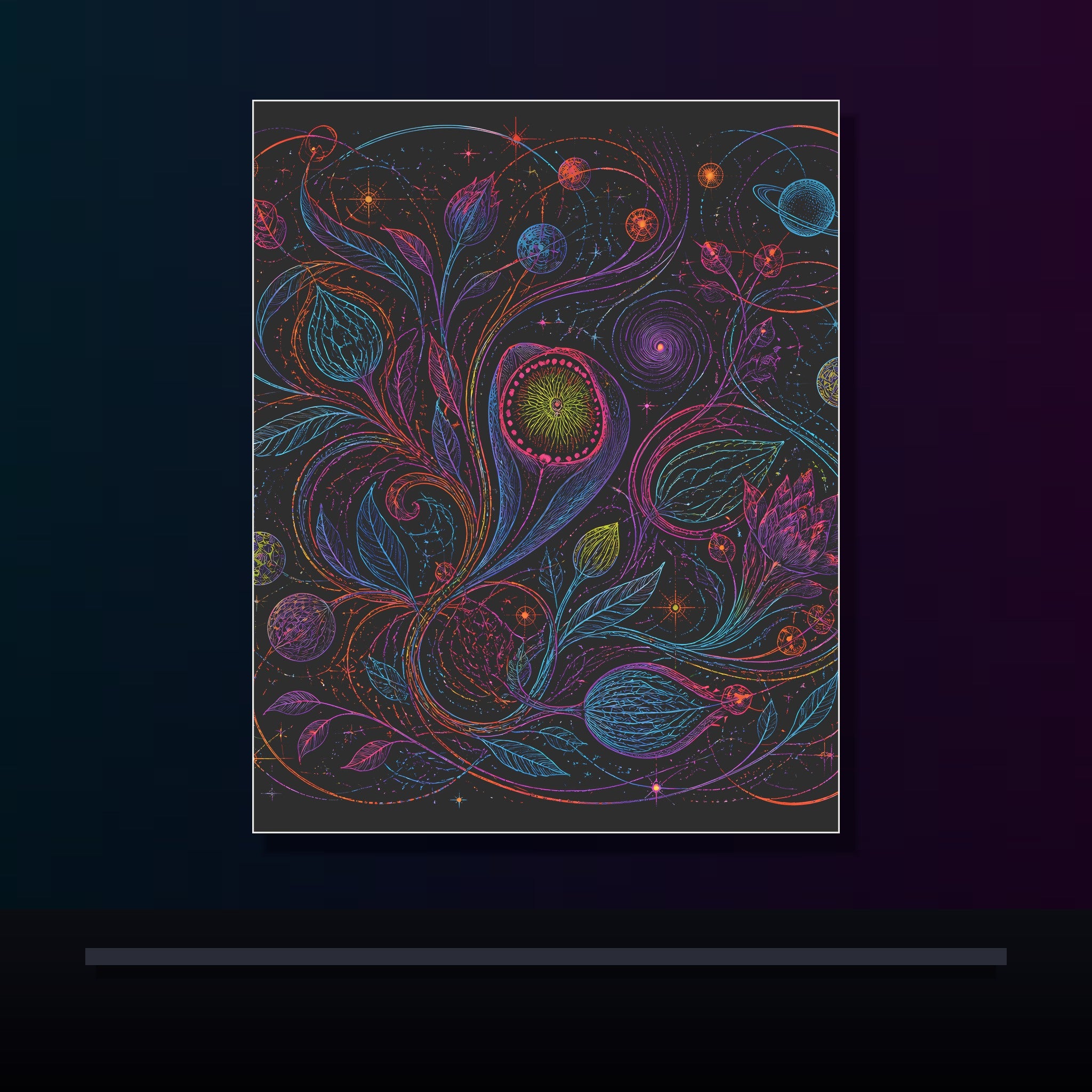 Astral Ink Tangle original KOSVYRE poster displayed in a dark psychedelic gallery setting