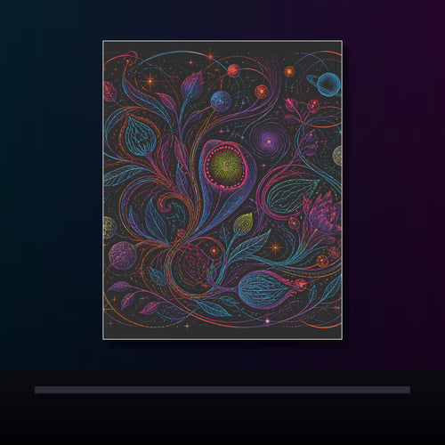 Astral Ink Tangle original KOSVYRE poster displayed in a dark psychedelic gallery setting