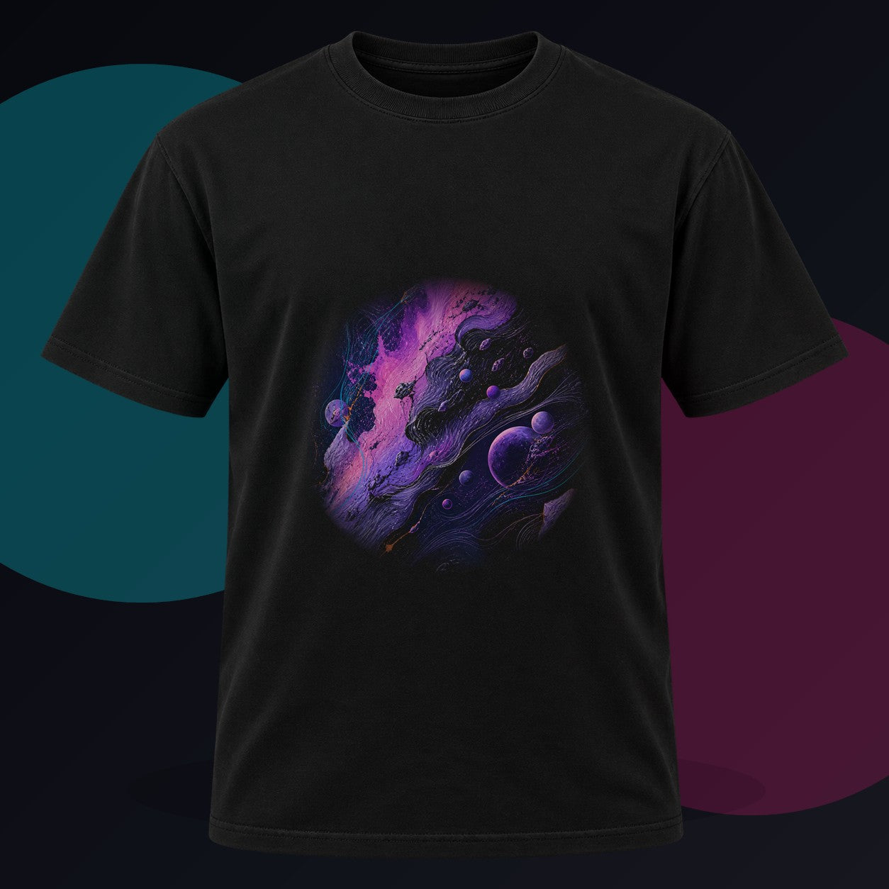 Astral Ink Transit original KOSVYRE design on a black graphic tee against a graphite studio background