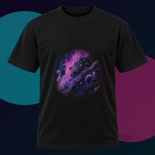 Astral Ink Transit original KOSVYRE design on a black graphic tee with cyan and violet studio lighting
