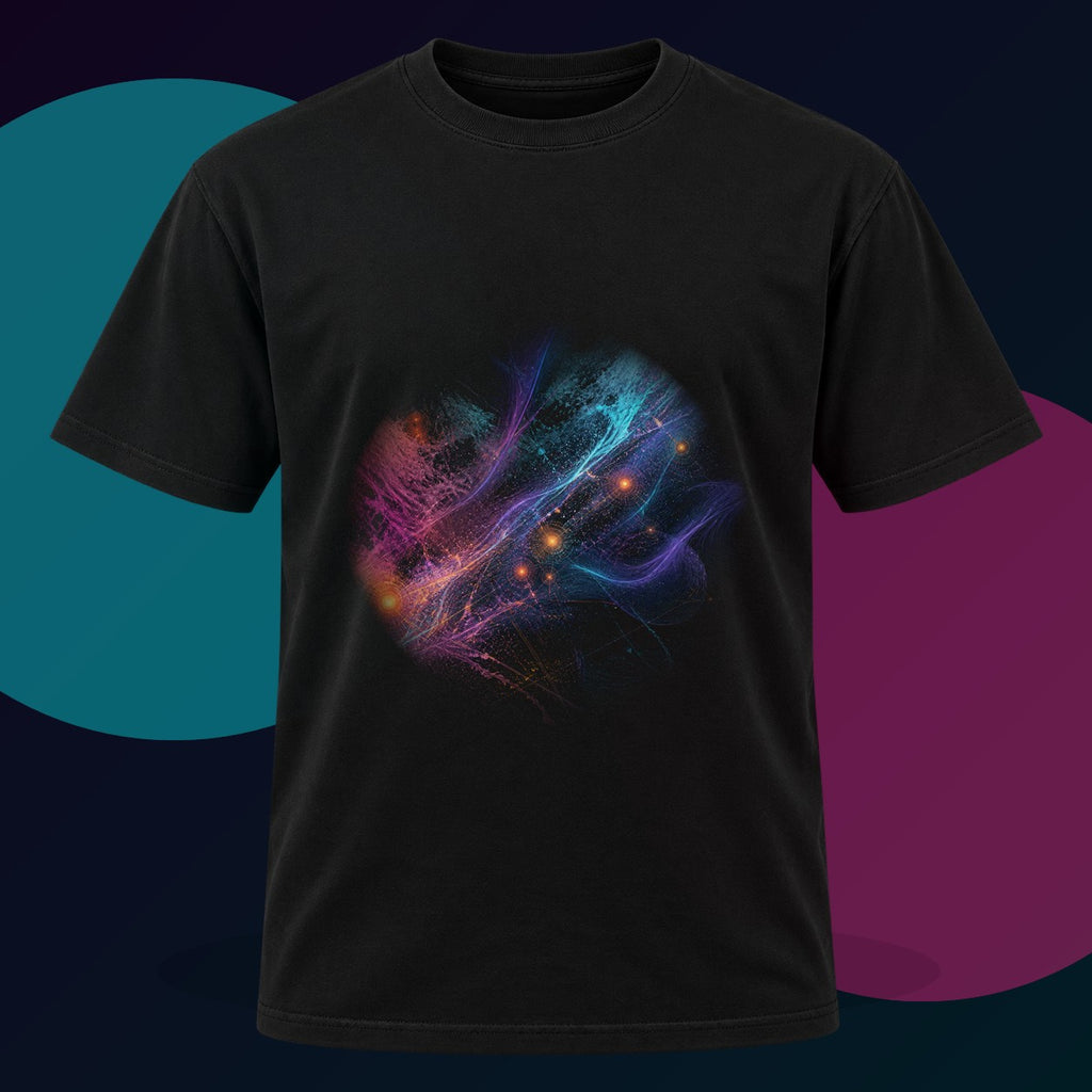 Aurora Relay Pollen original KOSVYRE design on a black graphic tee with cyan and violet studio lighting