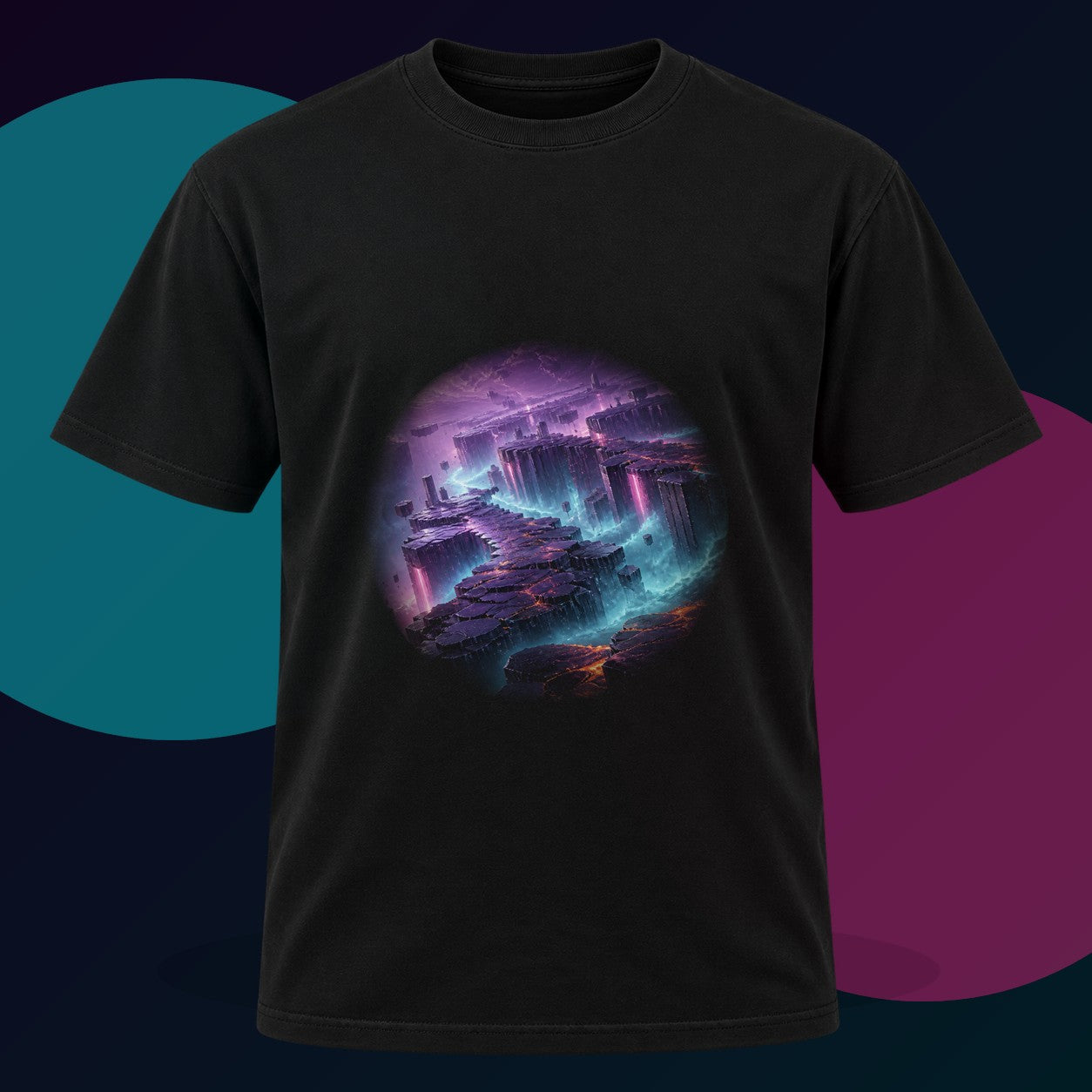 Basalt Prism Weather original KOSVYRE design on a black graphic tee with cyan and violet studio lighting
